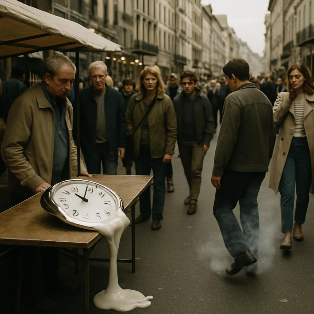 LE TEMPS FOND SUR L’ÉTAL: LA VILLE MARCHE À RECULONS DANS DES CHAUSSURES DE FUMÉE