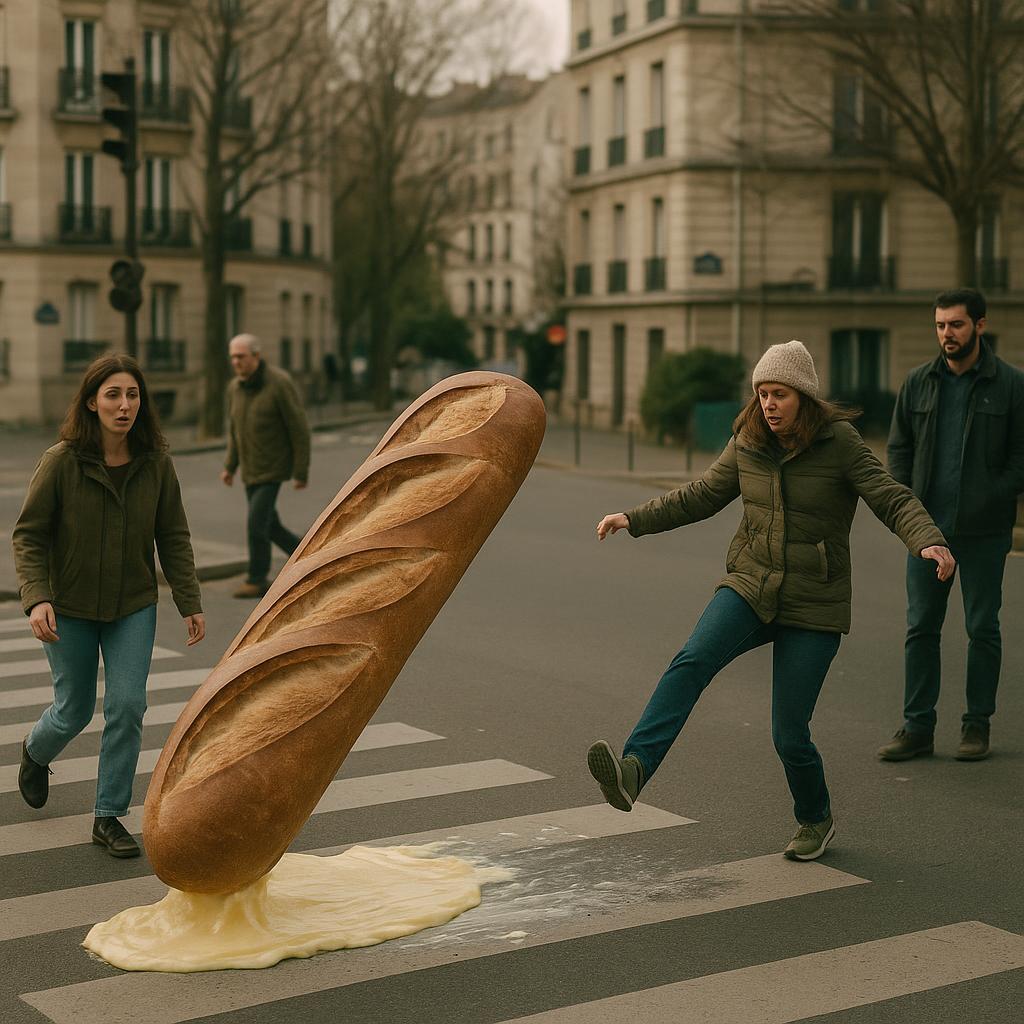 BAGUETTE GÉANTE EN CAVALE: LA FRANCE GLISSE SUR DU BEURRE