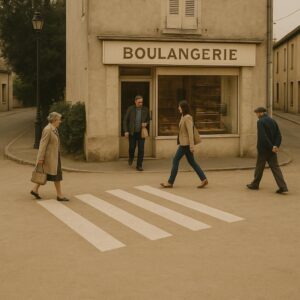 Ce matin à 11 h 11, un passage piéton sans route est apparu devant la boulangerie du coin; les habitants l’utilisent quand même, très consciencieusement.