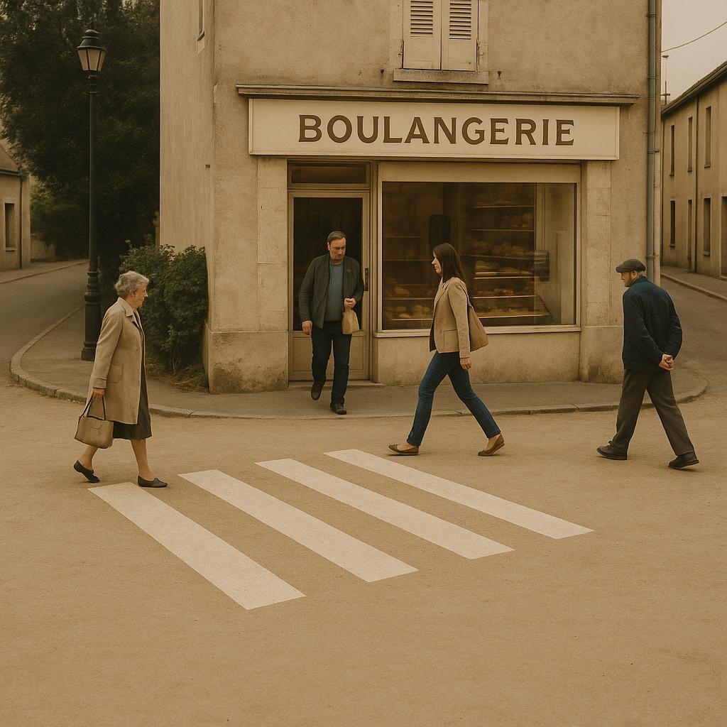 Ce matin à 11 h 11, un passage piéton sans route est apparu devant la boulangerie du coin; les habitants l’utilisent quand même, très consciencieusement.