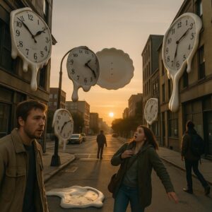 Les horloges dégoulinent: aube en porcelaine sur la ville déboutonnée