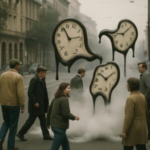 Réveil des horloges molles: la ville marche à reculons sur des moustaches de brume