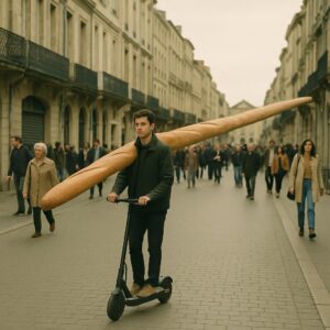 ALERTE CROÛTE: UNE BAGUETTE DE 34 MÈTRES DÉBARQUE À BORDEAUX EN TROTTINETTE ÉLECTRIQUE