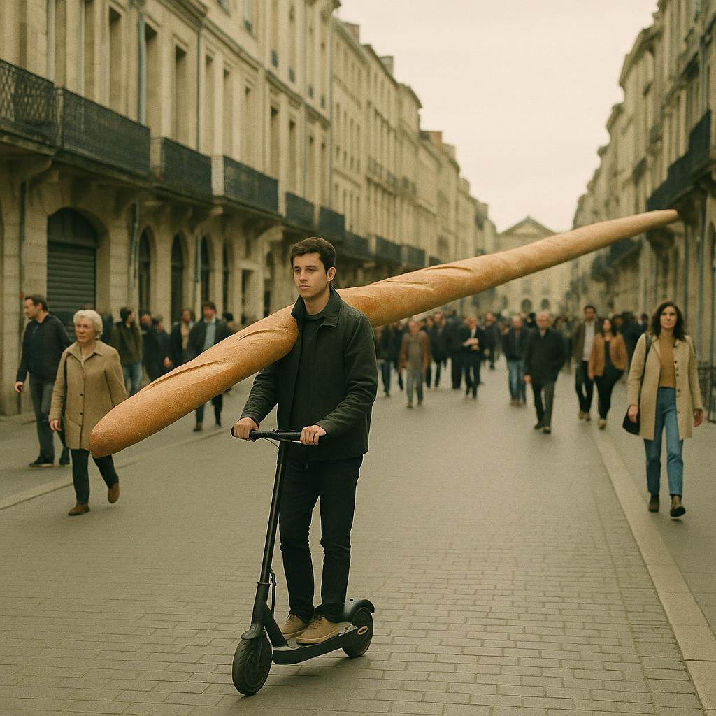 ALERTE CROÛTE: UNE BAGUETTE DE 34 MÈTRES DÉBARQUE À BORDEAUX EN TROTTINETTE ÉLECTRIQUE