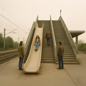 L’escalier de la gare se reconvertit en toboggan: nos phrases atterrissent d’abord