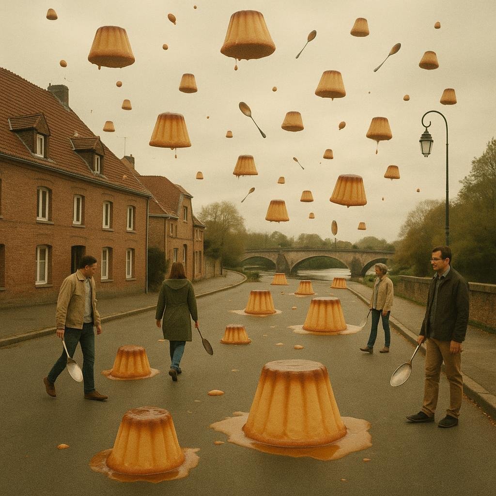 EXCLUSIF — Pluie de flans sur Saint-Croustillant-sur-Lys : la ville marche à la cuillère !