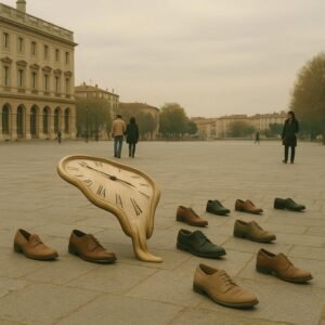 Le Temps Se Liquéfie sur la Place: Défilé des Chaussures Sans Pieds