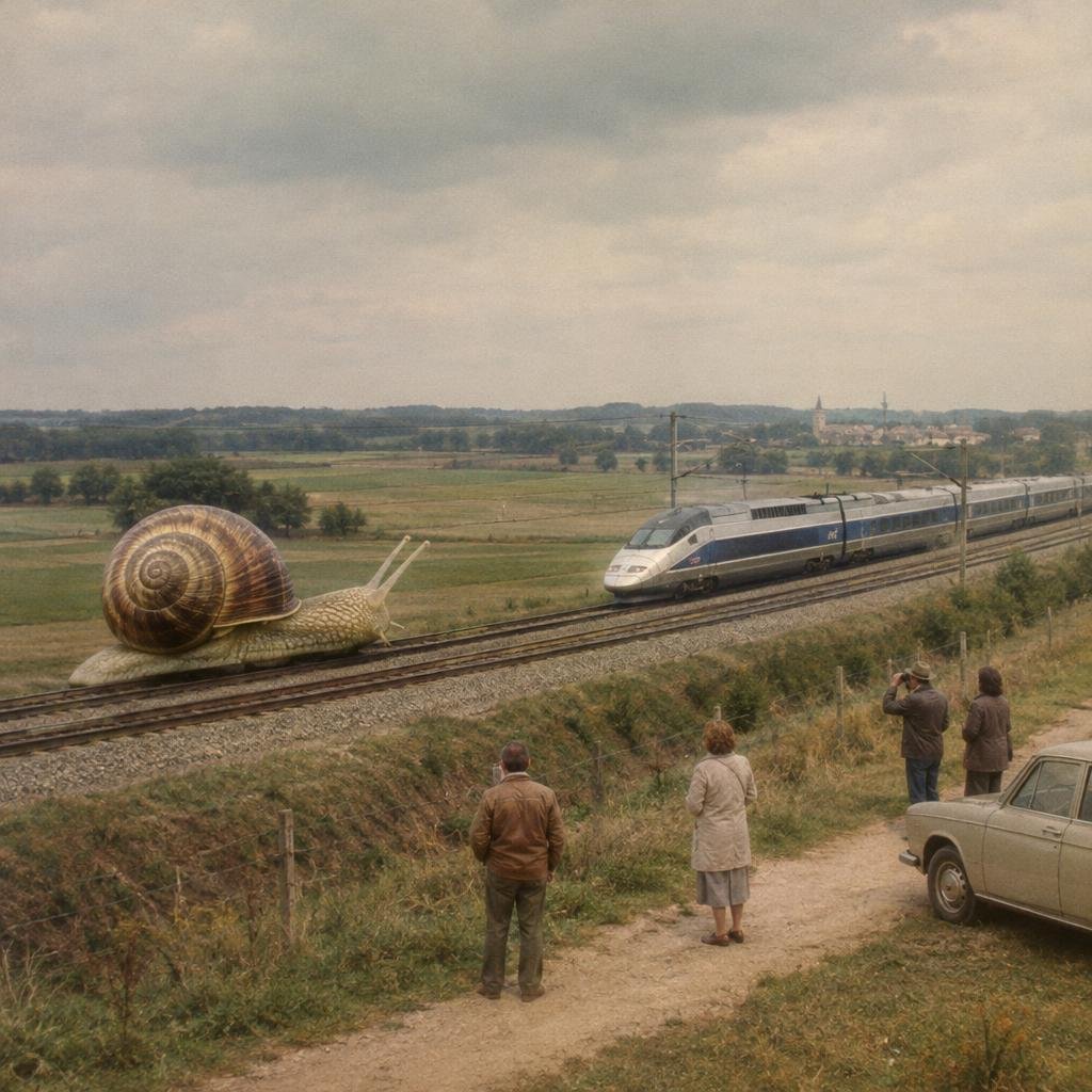L’ESCARGOT QUI A DOUBLÉ UN TGV: 312 KM EN 27 MINUTES, COQUILLE AU VENT!